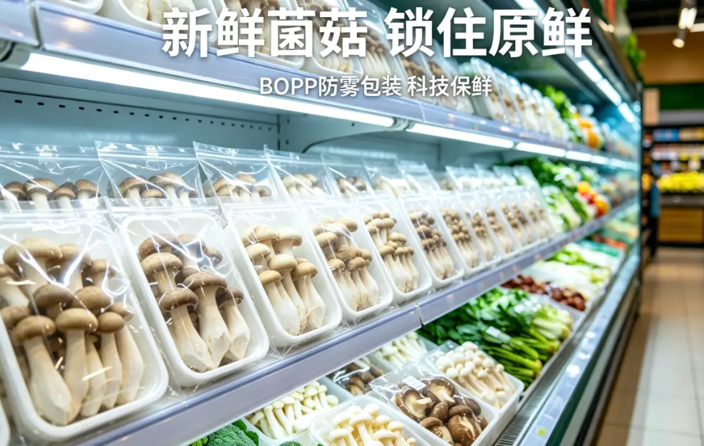 香菇陈列在货架上展示双面热封防雾膜的防雾能力